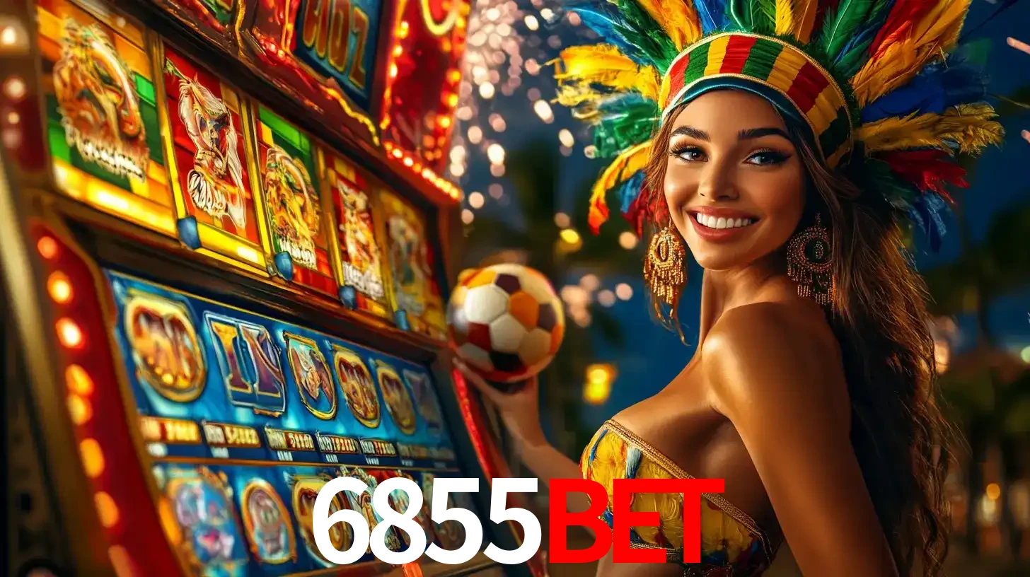 Mulher com um cocar de carnaval ao lado de uma máquina de caça-níqueis enquanto segura uma bola de futebol, mostrando a união da diversão de cassino e esportes no 6855bet.