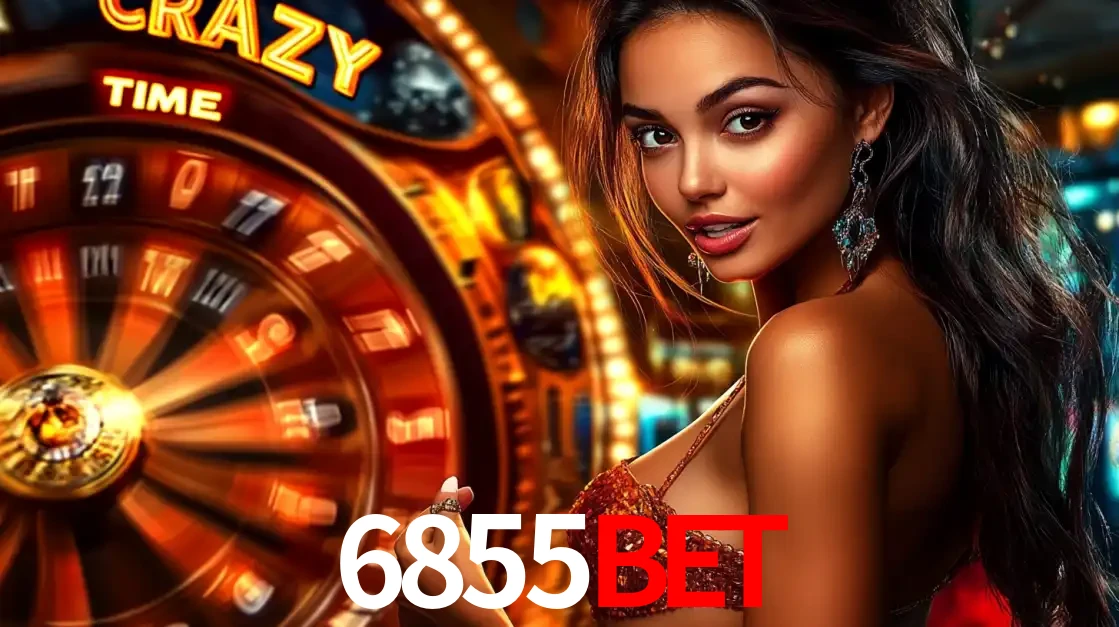 Mulher ao lado da roda de prêmios do jogo de cassino ao vivo Crazy Time, um dos shows de jogos mais emocionantes oferecidos pela plataforma de apostas 6855bet.