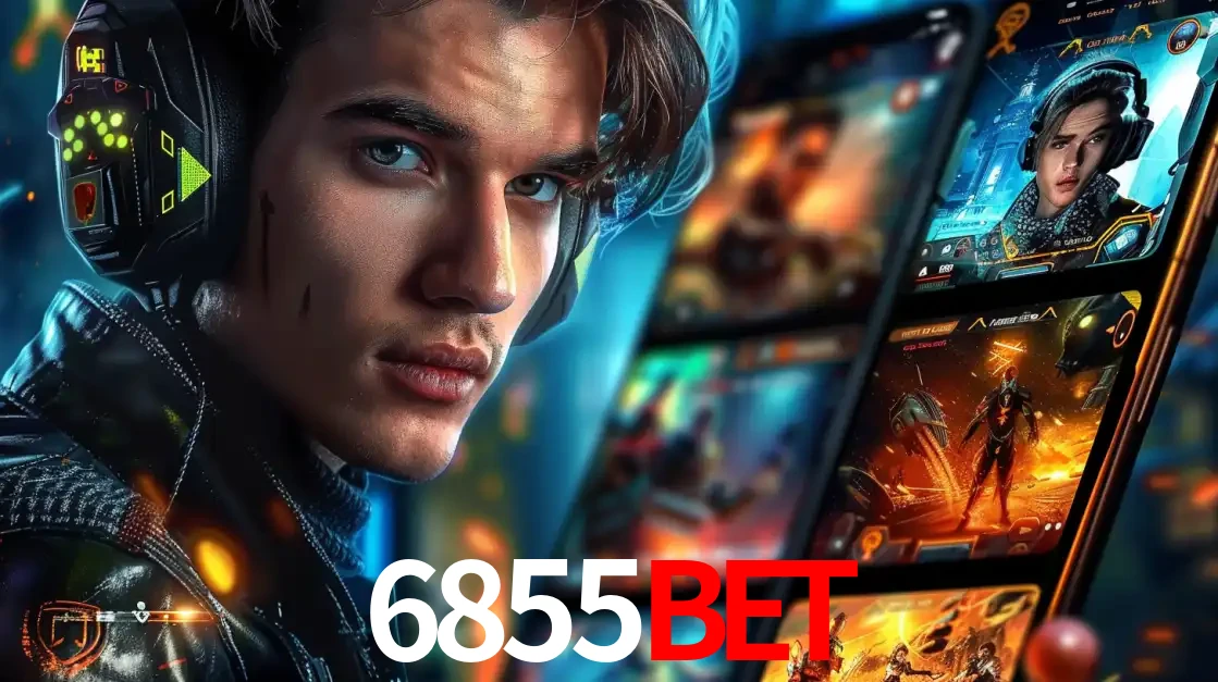 Jovem jogador com fones de ouvido olhando para a câmera, com um aplicativo de jogos e e-sports para celular ao fundo, pronto para a competição e apostas no 6855bet.