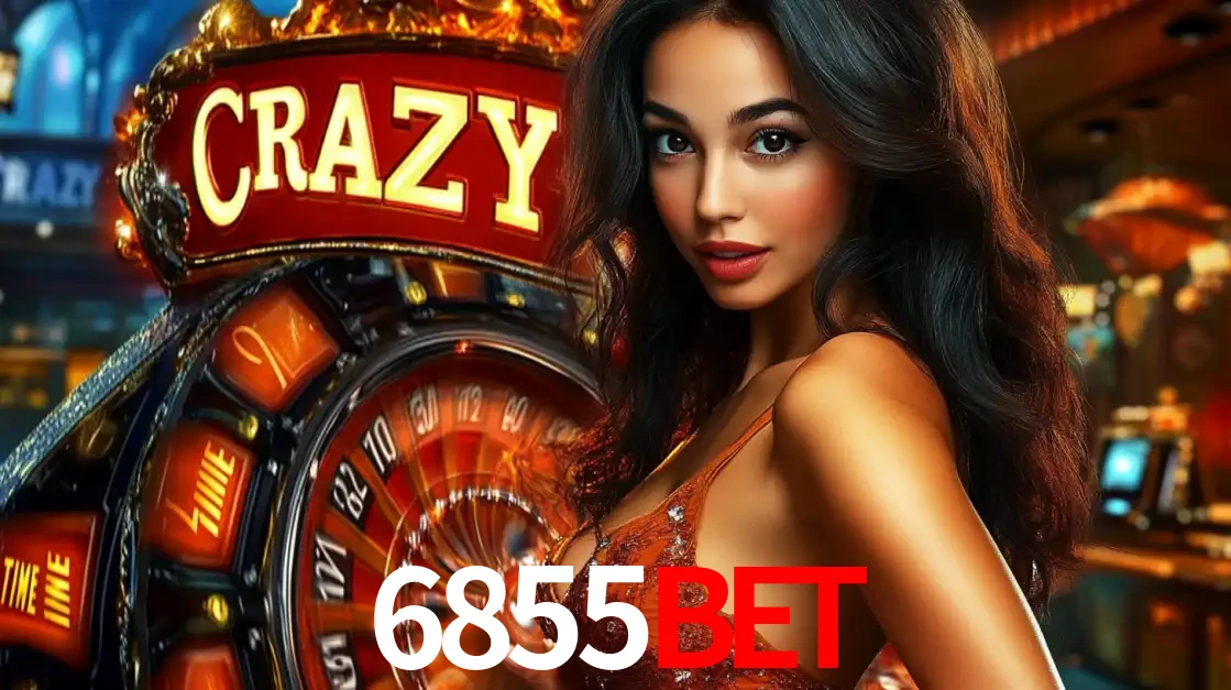 Mulher glamourosa olhando para a câmera com a roda vermelha do Crazy Time ao fundo em um ambiente de cassino, destacando a emoção dos jogos ao vivo no 6855bet.