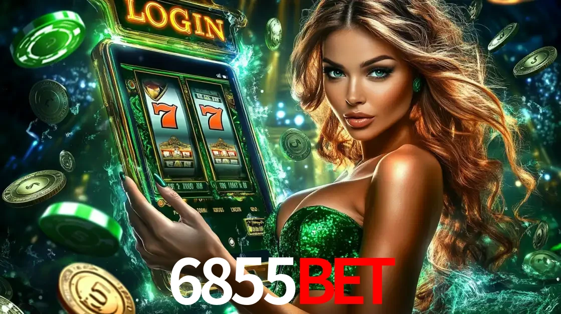 Mulher com tema verde apresentando o aplicativo do cassino 6855bet com um jogo de slot de 777, cercada por fichas de cassino e uma aura de sorte.