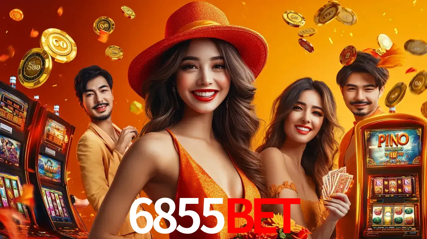 Grupo de amigos asiáticos sorrindo e se divertindo com máquinas de caça-níqueis em um ambiente festivo, celebrando suas vitórias nos jogos de cassino do 6855bet.
