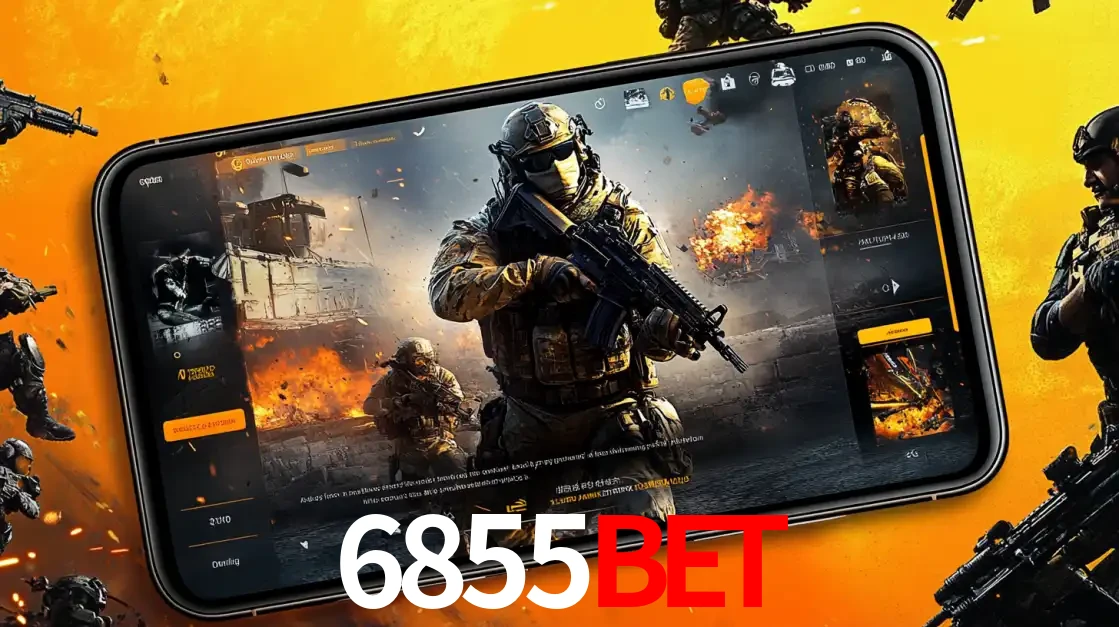 Um smartphone exibindo a interface de um jogo de tiro em primeira pessoa, com um soldado em um cenário de batalha, representando a ação dos e-sports para apostar no 6855bet.