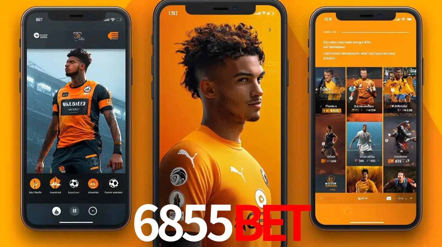 Interface do aplicativo de apostas esportivas 6855bet em três telas de celular, mostrando o perfil de um jogador de futebol e a lista de jogos disponíveis para apostar.
