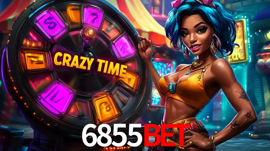 Mulher estilizada com cabelo azul e visual vibrante posando ao lado da roda de prêmios do game show Crazy Time, convidando para a diversão e os bônus do cassino 6855bet.