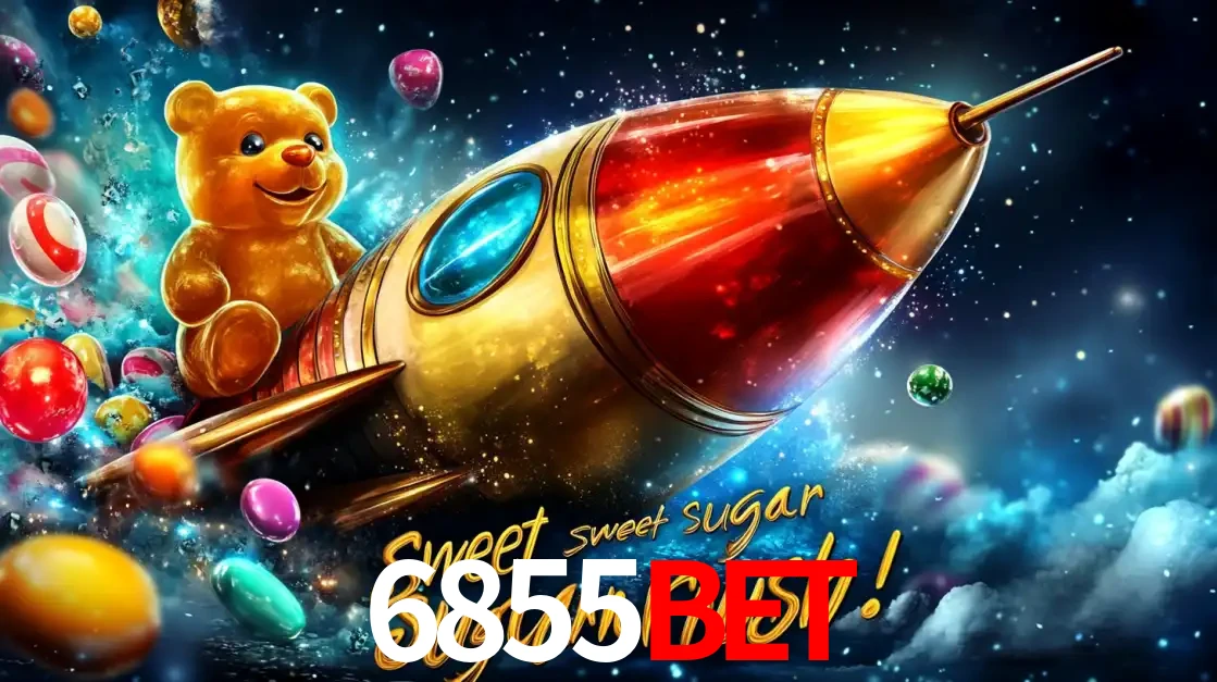 Arte promocional do jogo de slot Sugar Rush, com um urso de pelúcia em um foguete viajando pelo espaço de doces, um dos jogos divertidos disponíveis no cassino 6855bet.
