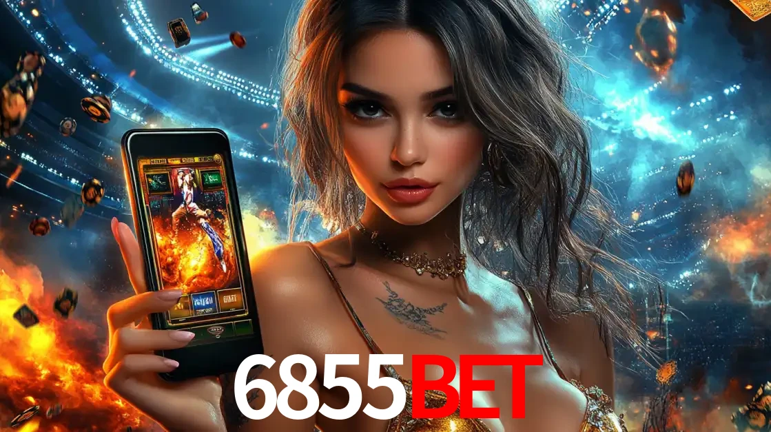 Mulher segurando um celular com um jogo de slot em destaque, tendo como fundo um estádio vibrante, simbolizando a emoção de jogar no cassino móvel 6855bet.