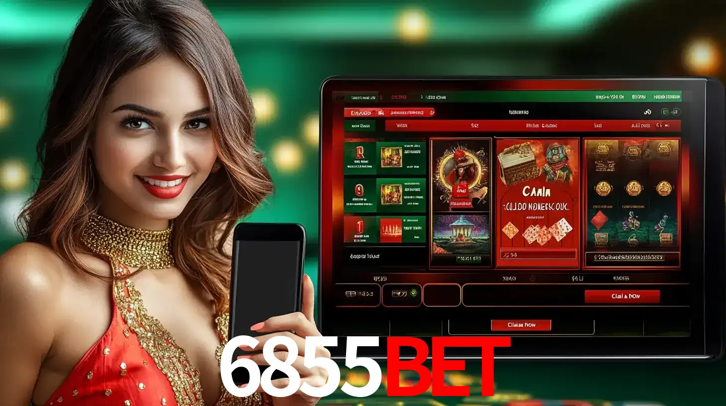 Mulher sorridente segurando um smartphone, ao lado de uma tela exibindo o lobby de jogos do cassino online 6855bet, com várias opções de jogos de cartas e slots.